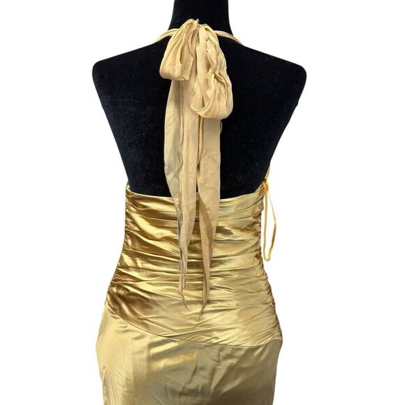 Cache Gold Silk Satin Halter Dress Size 2 NWT Vintage Glam Ruched Ruffle Gown - Picture 9 of 16